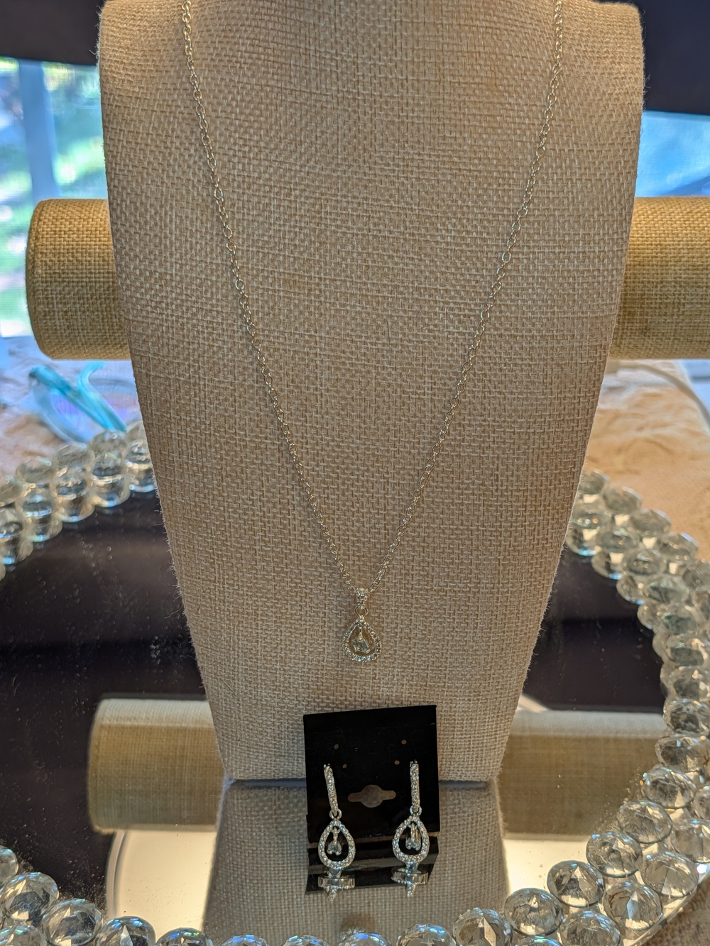 Silver Teardrop Pendant Necklace with Matching Earrings - Silver
